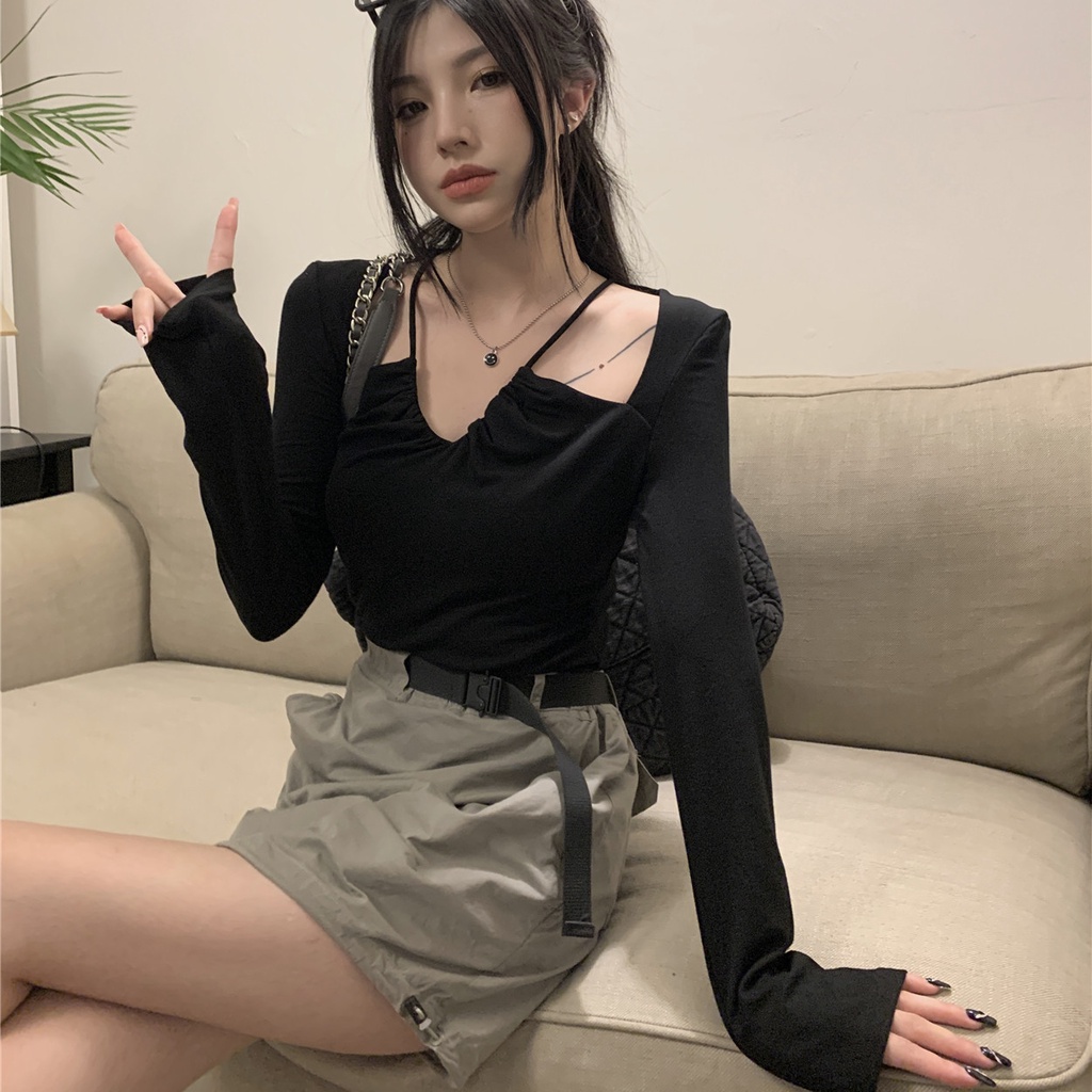 SUXI Áo Croptop Tay Dài Cổ Chữ V Màu Sắc Đơn Giản Cho Nữ