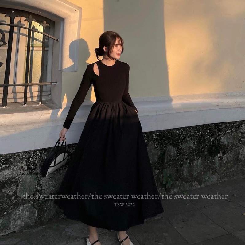 Váy xòe dáng dài, đầm nữ dài tay khoét vai midi trơn basic hàn quốc dài qua gối freesize hàn quốc Ylydress C1232