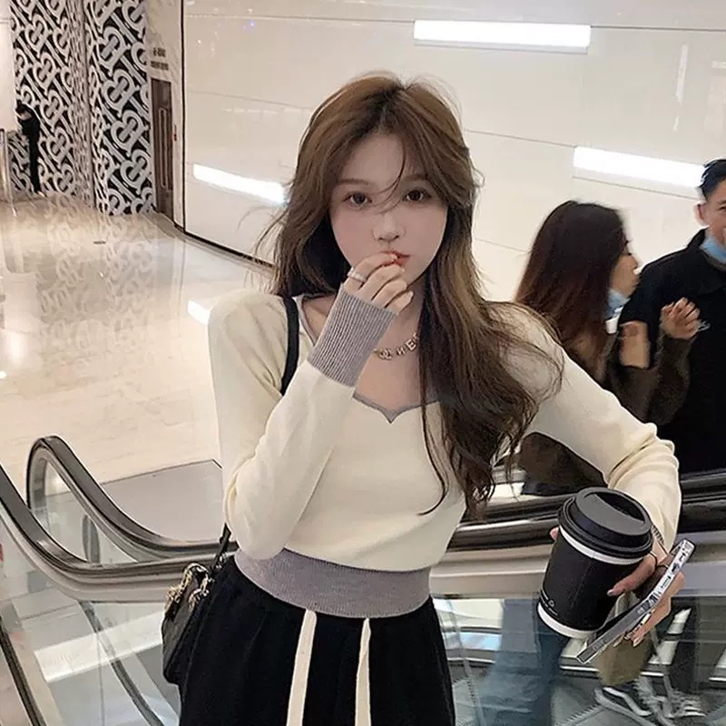 Áo Sweater Dệt Kim Tay Dài Cổ Polo Màu Sắc Xinh Xắn Cho Nữ