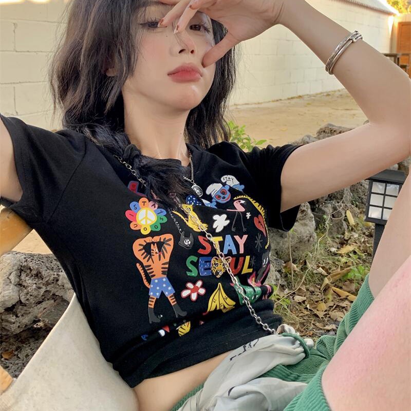 IELGYÁo Thun Tay Ngắn In Họa Tiết Hoạt Hình Phong Cách Đường Phố Cho Nữ