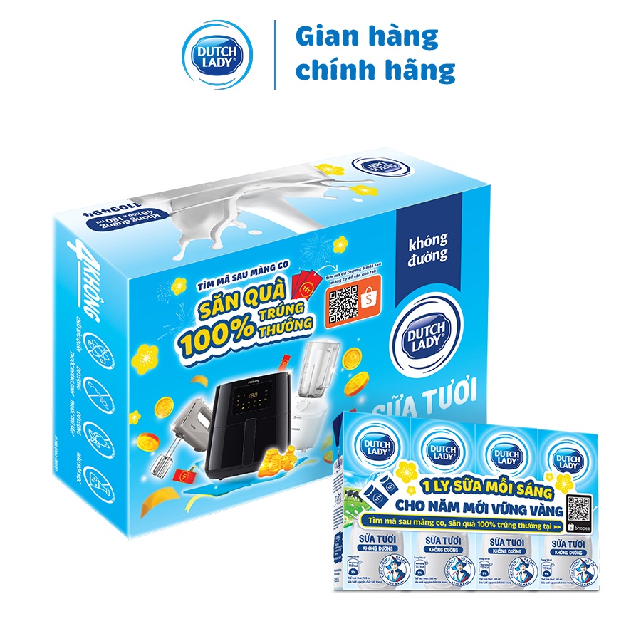 Thùng 48 Hộp Sữa Tươi Tiệt Trùng Dutch Lady Cô Gái Hà Lan không đường 48 x 180ml