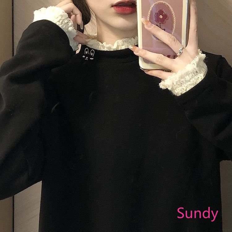 Plus Áo Thun Tay Dài Cổ Cao Phối Ren Phong Cách Hàn Quốc Thời Trang Thu Đông Cho Nữ