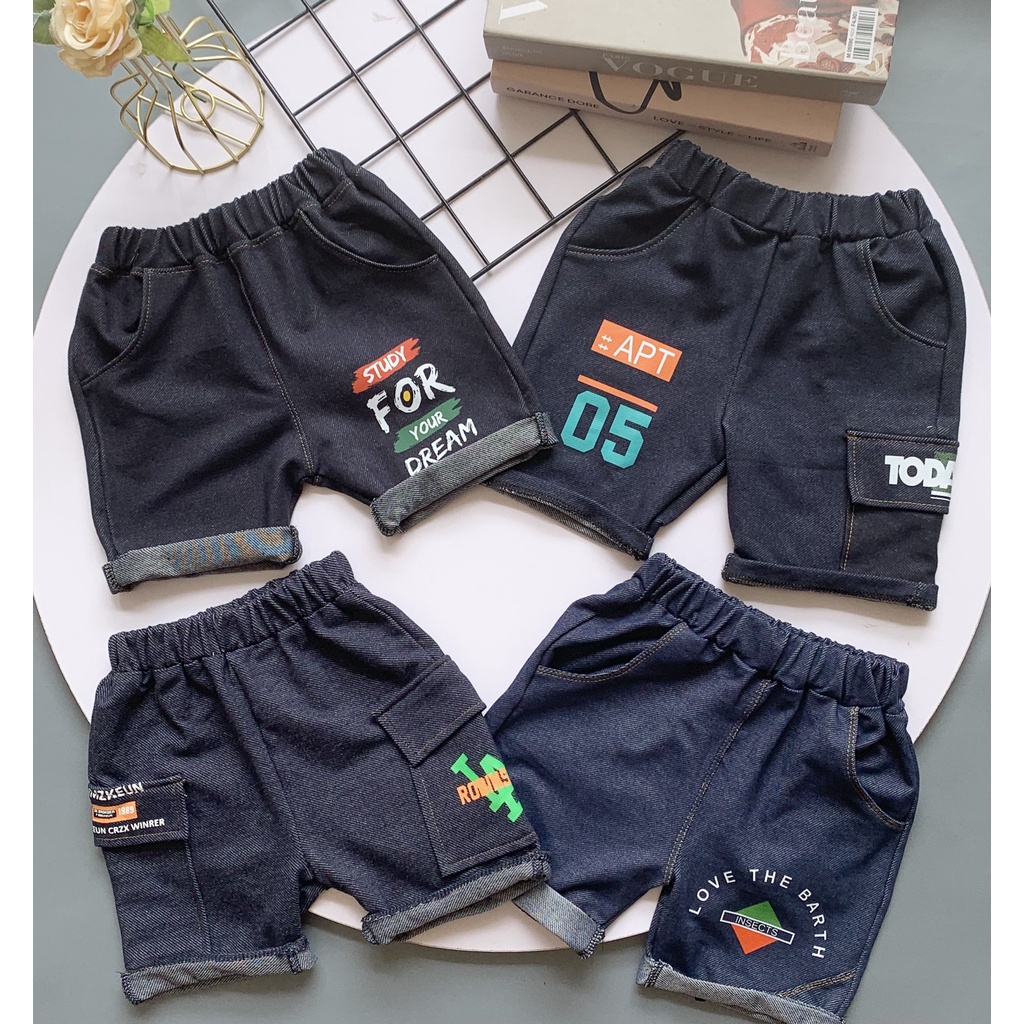 Quần short thun cotton giả jean cho bé trai từ 8-37kg