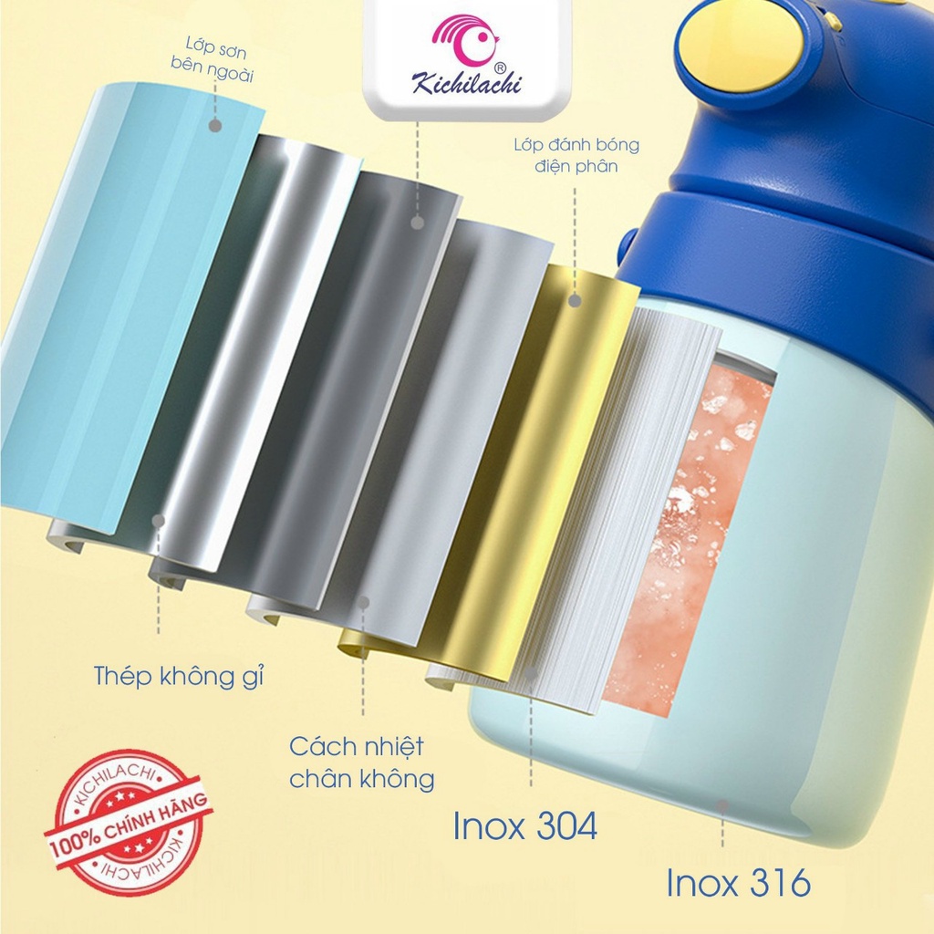 Bình Nước Giữ Nhiệt Cho Bé Kichilachi, Bình Nước Giữ Nhiệt 500ml Bằng Thép Không Gỉ 316 Với Họa Tiết Dễ Thương