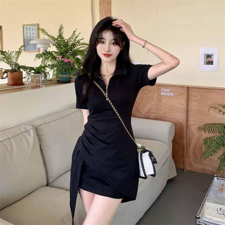 Đầm Ngắn Cổ Bẻ Lệch Tà Ôm Body Khóa Kéo Thời Trang Nữ Thiết Kế Độc Đáo