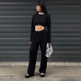  ONhouse Set áo croptop 2 dây và áo khoác lửng tay dài mix cùng quần dài suông năng động mặc được 2 kiểu