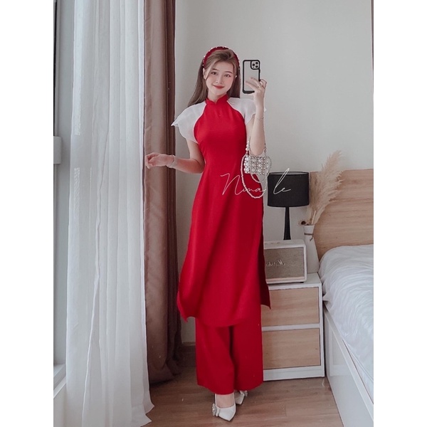 SET ÁO DÀI ĐỎ TAY BỒNG PHỐI VOAN TRẮNG + QUẦN SUÔNG