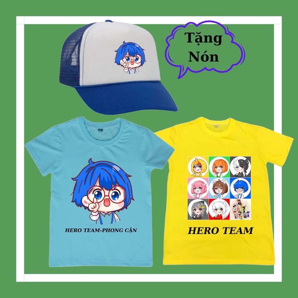 Áo thun cộc tay trẻ em mẫu Hero Team, Sammy Đào, Kairon, Mister Vịt, Kamui ngắn tay, 2 áo tặng kèm 1 mũ lưỡi trai