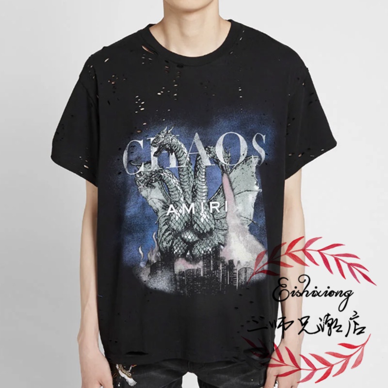 Amiri Chaos Kidora Áo Thun cotton Ba Đầu Tay Ngắn Cổ Tròn In Hình Khủng Long Thời Trang Thoải Mái