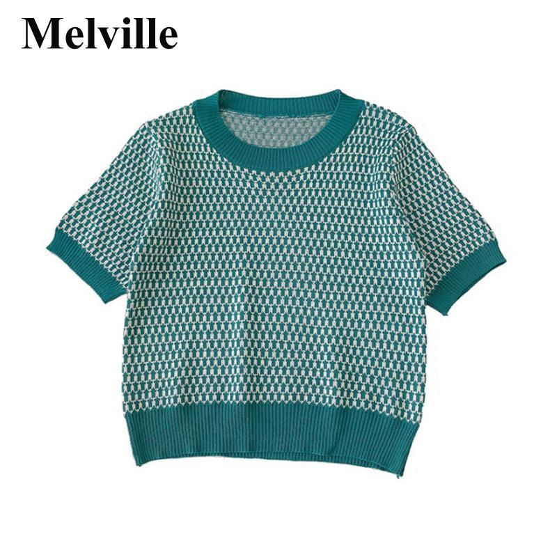 MELVILLE Áo thun nữ dệt kim tay ngắn cổ tròn nhiều màu tùy chọn đơn giản thời trang