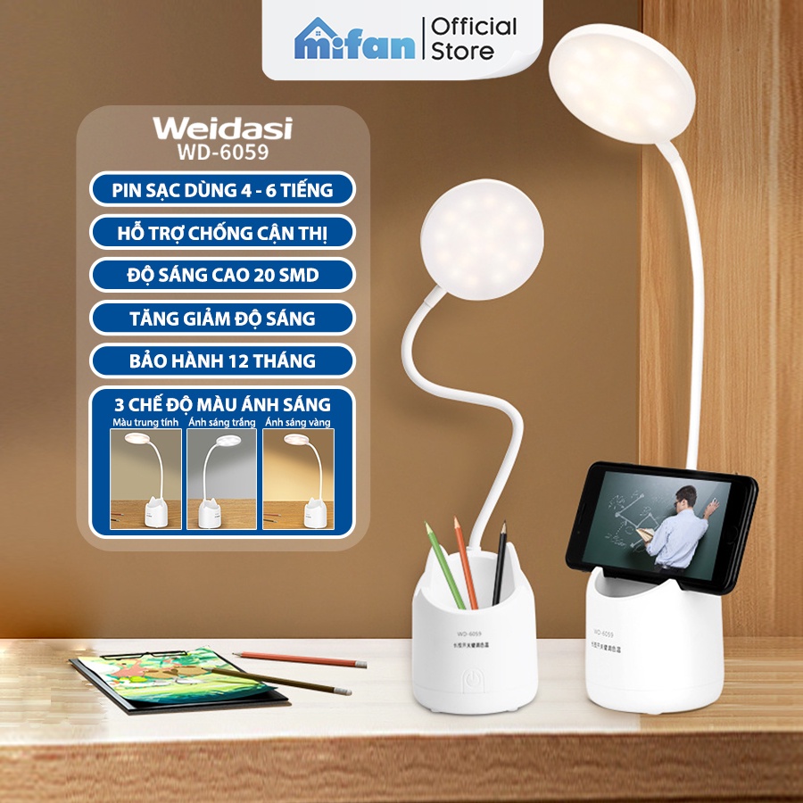 Đèn học để bàn chống cận tích điện Weidasi WD-6059 - LED 3 màu thay đổi độ sáng giúp bảo vệ mắt đọc sách làm việc
