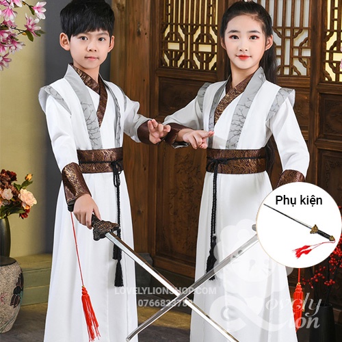 Hán phục nam nữ màu trắng cho bé + tặng phụ kiện như hình