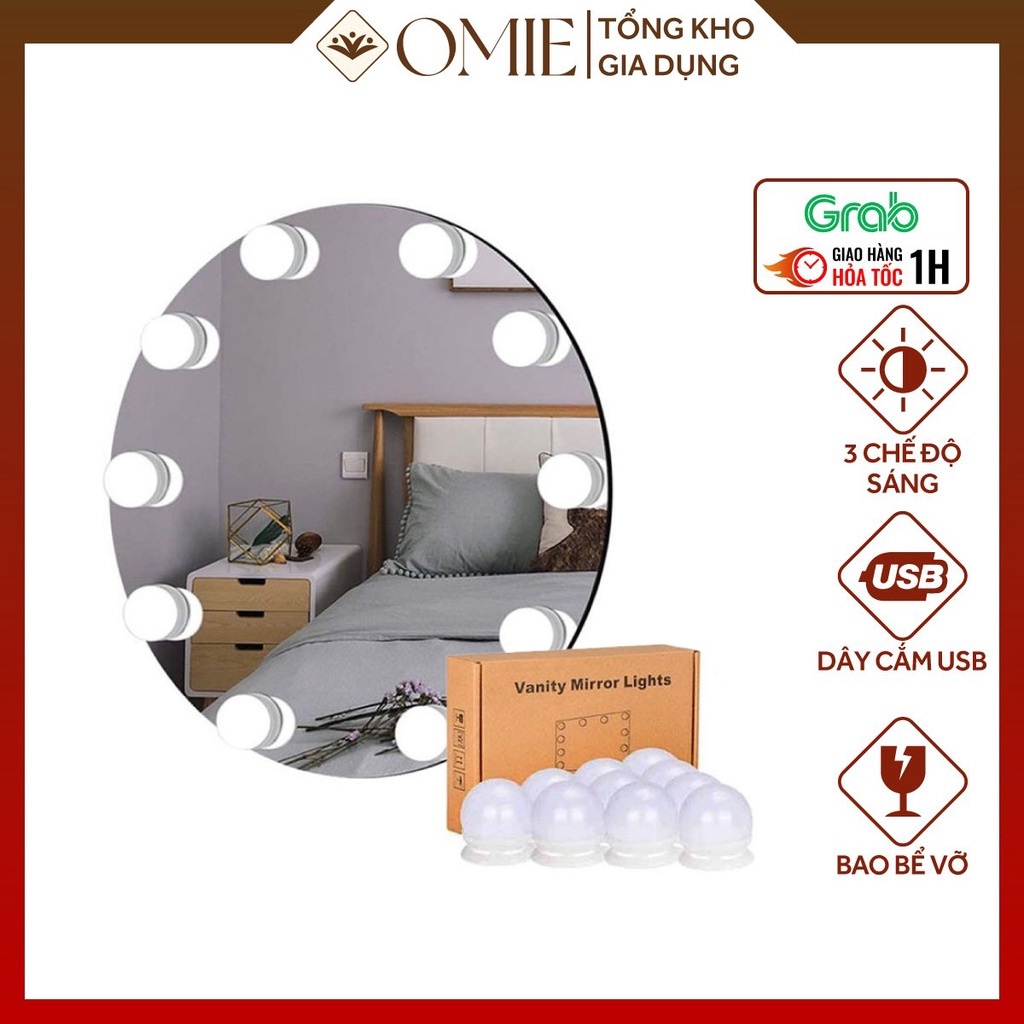 Bộ 10 Bóng Đèn Led Tăng Giảm Ánh Sáng 5 Chế Độ Gắn Gương Bàn Trang Điểm, Dán Trang Trí Gương