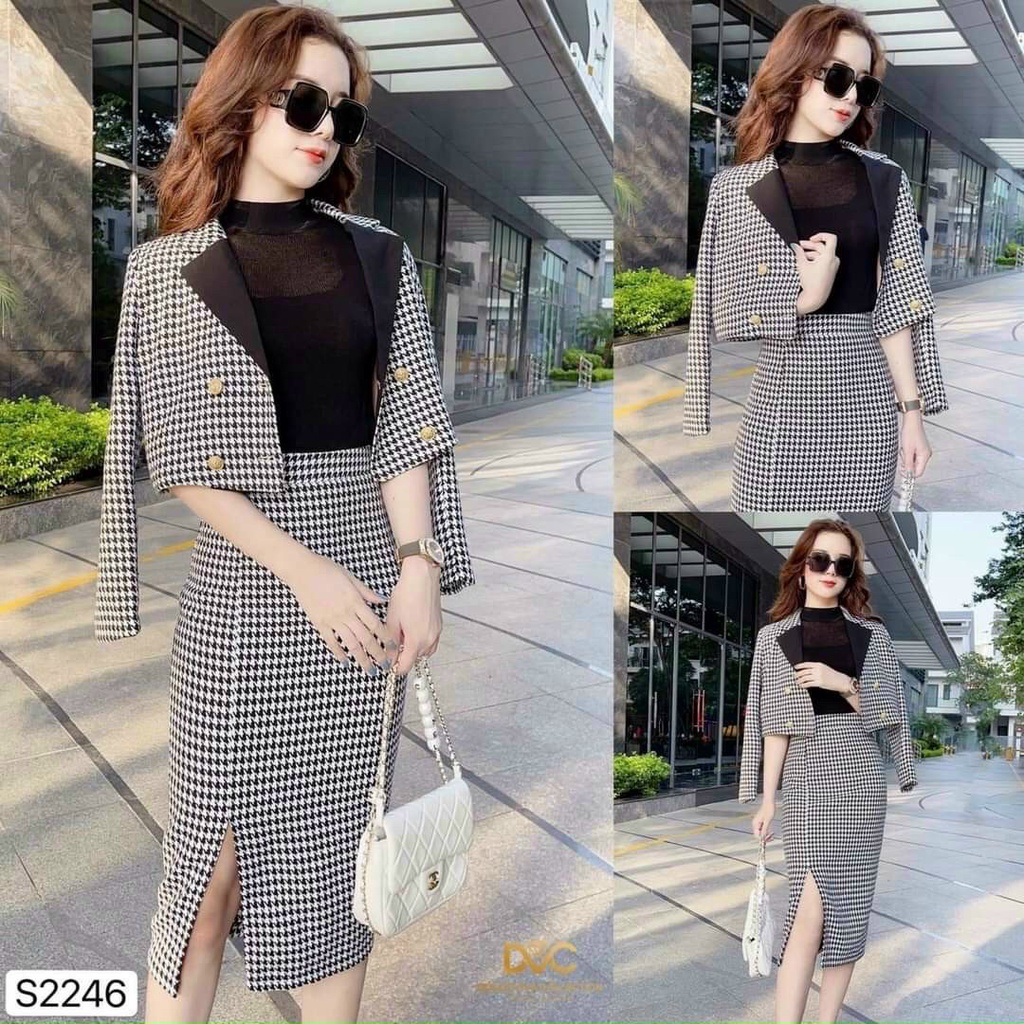 Set váy áo vest thời trang nữ mặc đi chơi, đi làm váy bút chì xẻ tà chất vải dạ không kèm áo lót