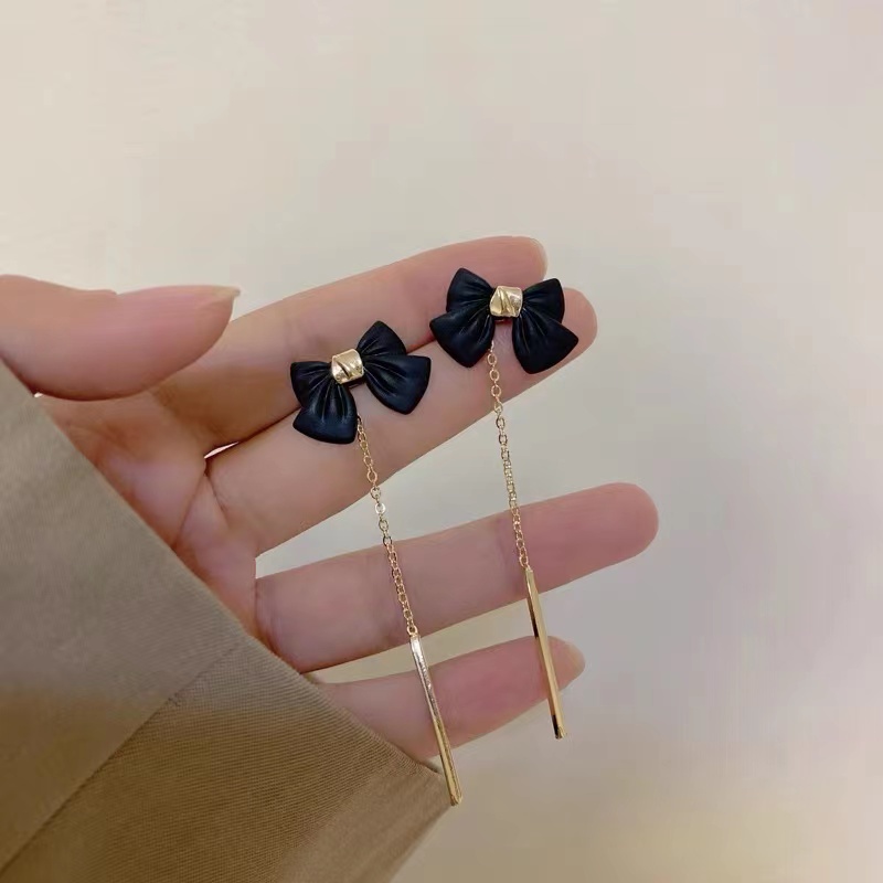 Bông Tai Mạ Bạc 925 Dáng Dài Đính Nơ Tua Rua Thời Trang Hàn Quốc Cho Nữ