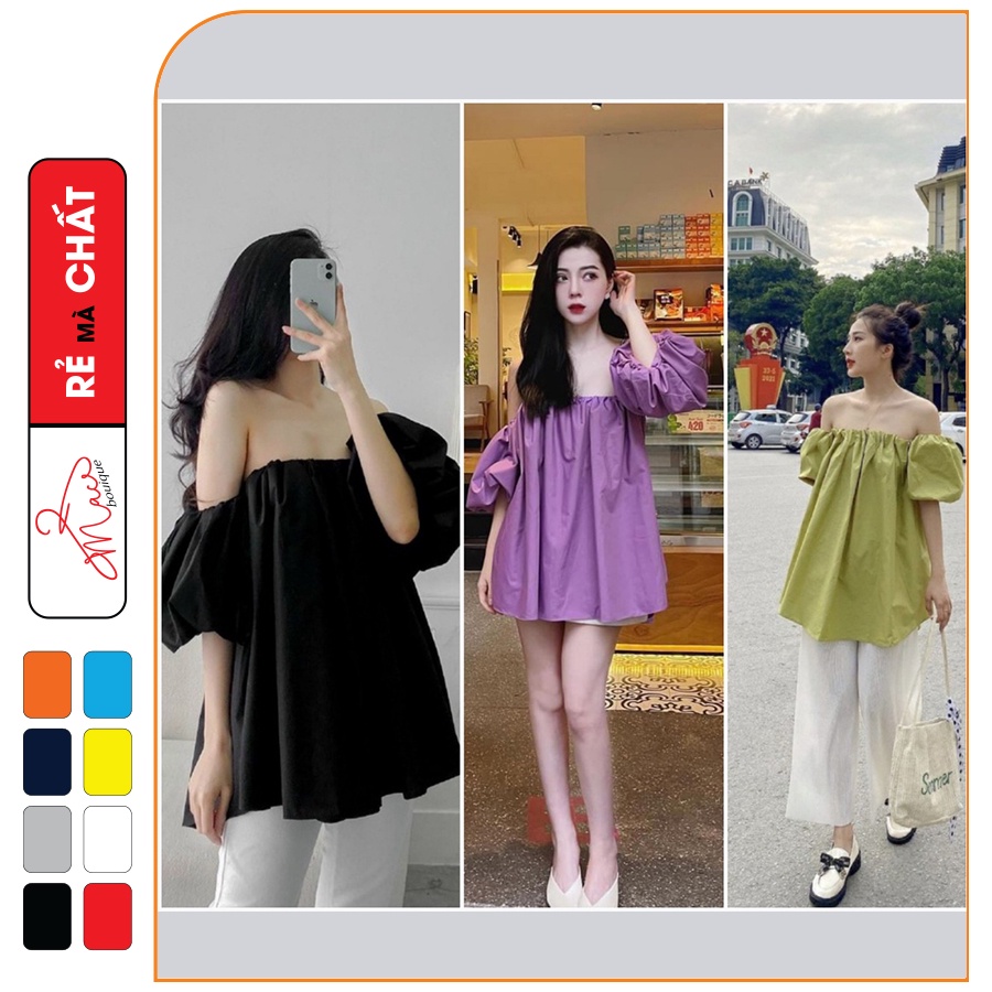 Áo trễ vai tay phồng form rộng chun ngực chun tay, áo kiểu nữ bánh bèo điệu đà
