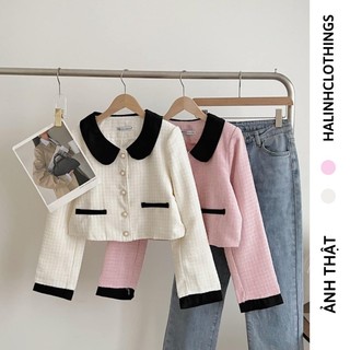 Áo dạ tweed cổ sen 2 lớp màu hồng/be