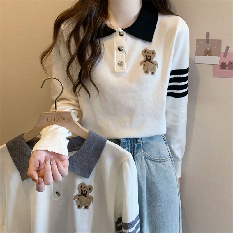 Áo Sweater Tay Dài Cổ Polo Thêu Hình Gấu Dễ Thương Thời Trang Mùa Thu Cho Nữ
