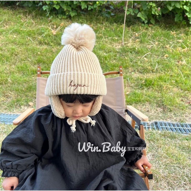 Mũ len dệt kim THÊU TÊN cho bé lót lông, bịt tai siêu ấm