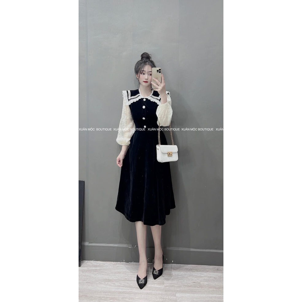 [Ảnh Thật/ Video]: Váy Nhung Thiết Kế Phối Cổ Viền Cực Xinh