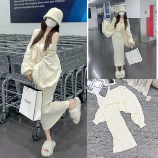Set len nữ ms.2018 đầm len hai dây dáng dài phồi áo choàng chất len dày dặn hàng qc loại 1