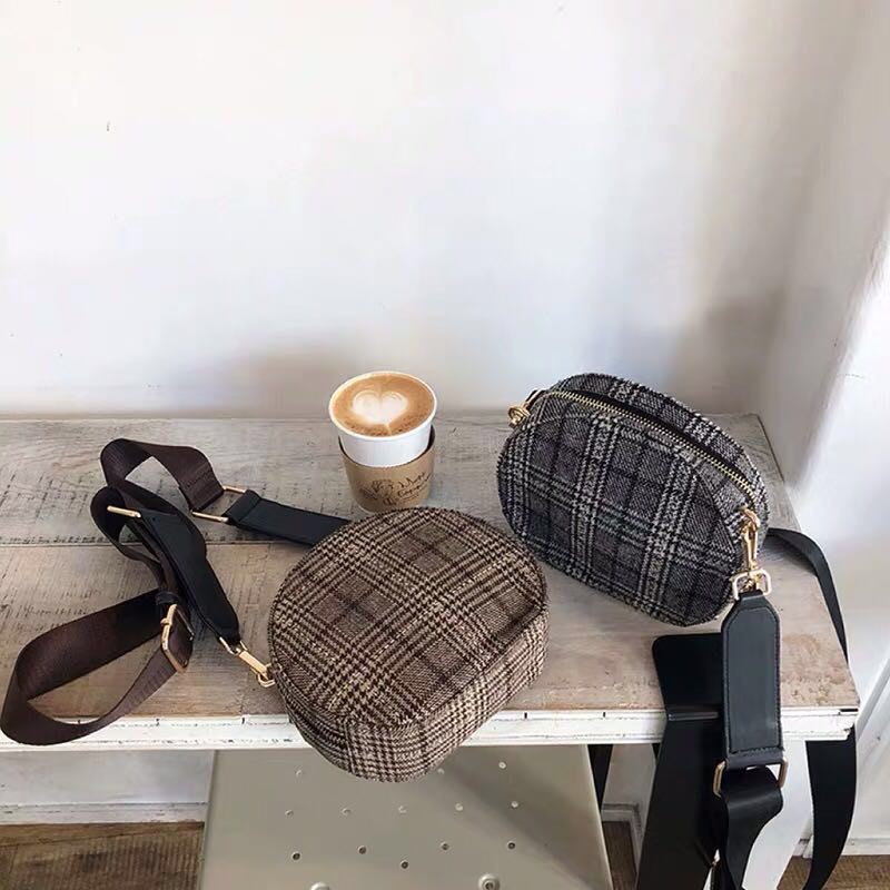 Áo Sơ Mi Caro Phong Cách Cổ Điển Cho Nữ#Túi Xách Tròn Nhỏ Hai Màu Họa Tiết Kẻ Sọc Caro Phong Cách Retro Hàn Quốc