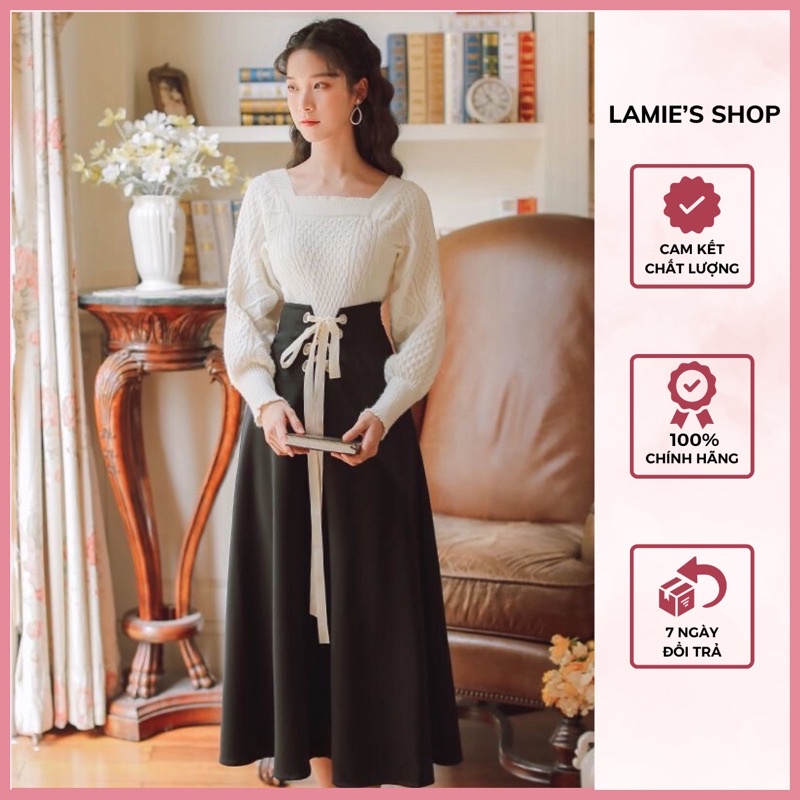 Chân váy xoè midi dáng dài thắt nơ eo