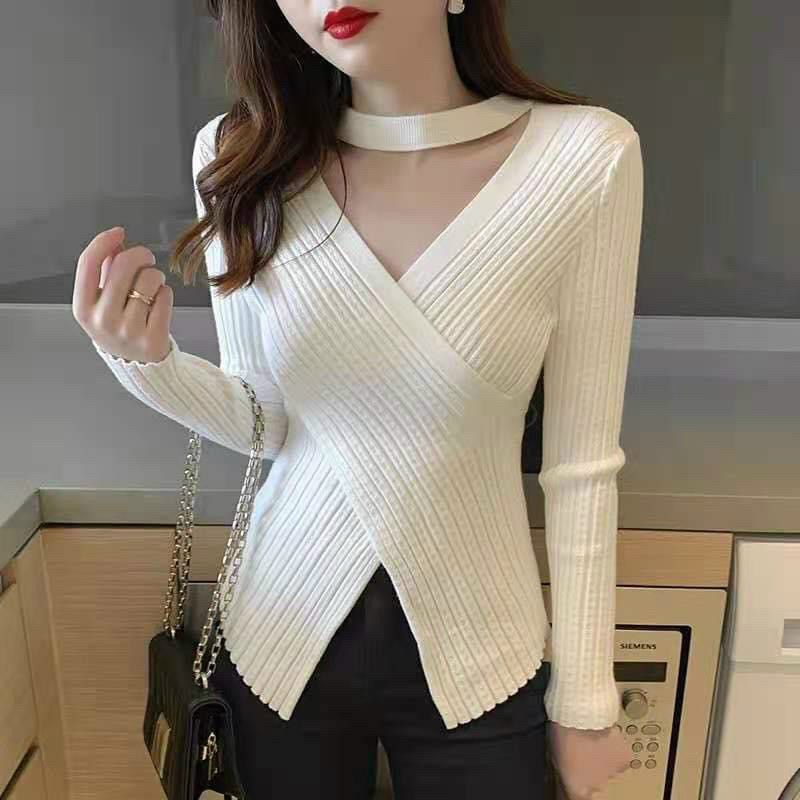 Áo thun Gân tay dài cổ tim dây vòng cổ phong cách hq