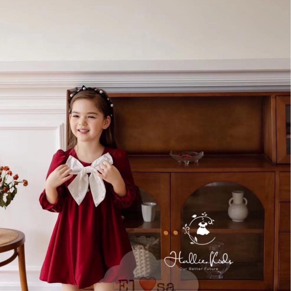 Váy Nhung Đỏ Nơ Babydoll - Đầm Nhung Xinh Xỉu Cho Bé Đi Học Đi Chơi Đẹp Xuất Sắc