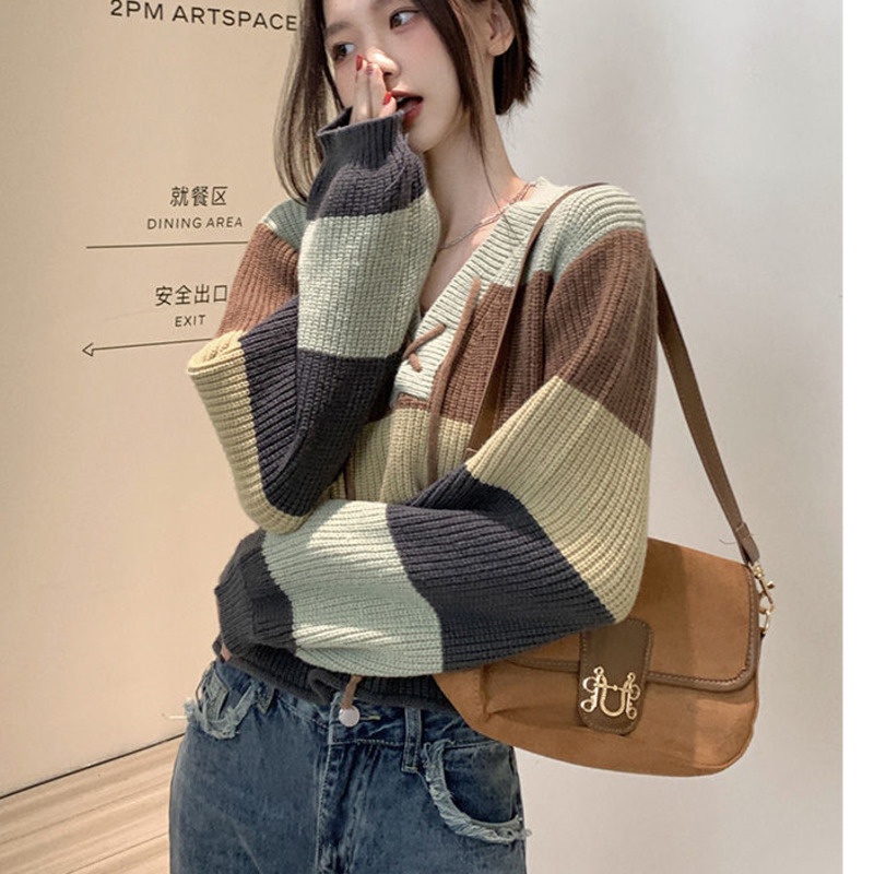 Áo Sweater Tay Dài Kẻ Sọc Màu Sắc Tương Phản Phong Cách Hàn Quốc