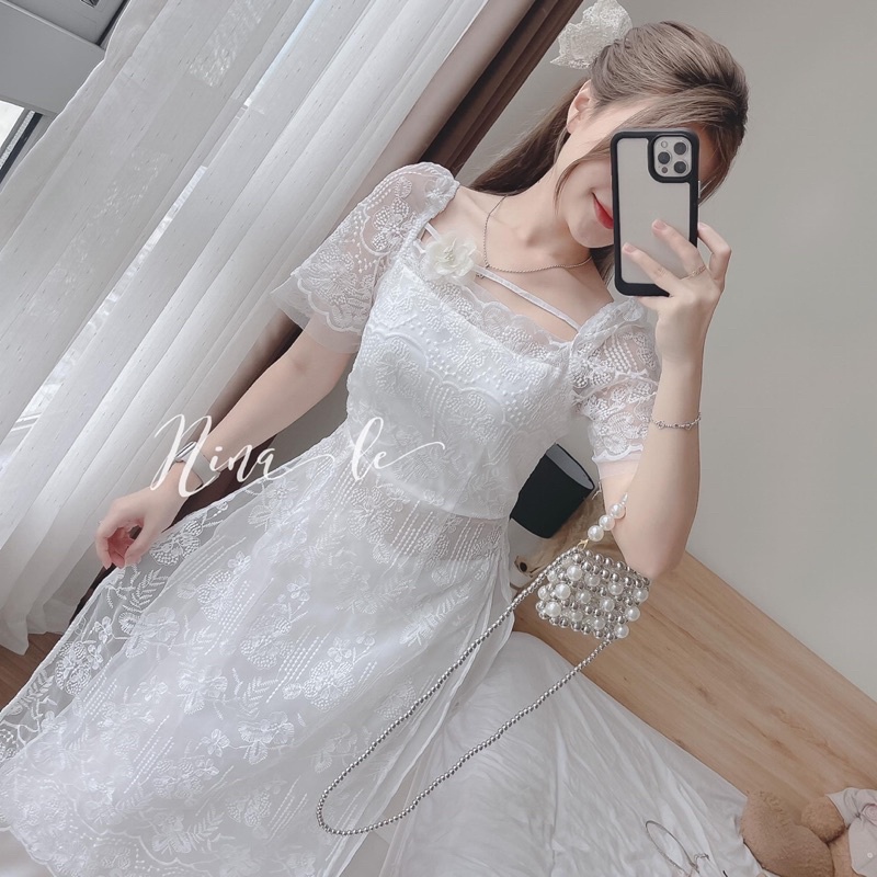 SET ÁO DÀI REN TRẮNG PHỐI DÂY ĐÍNH HOA + QUẦN SUÔNG