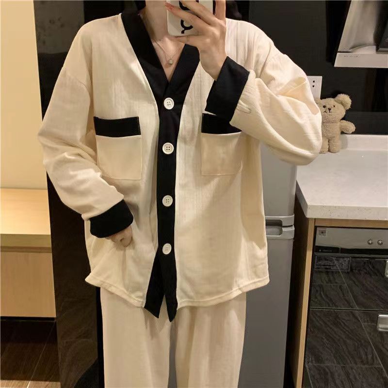 Bộ Đồ Ngủ Tay Dài Cổ Chữ V Màu Sắc Tương Phản Thời Trang Thu Đông Xinh Xắn Cho Nữ