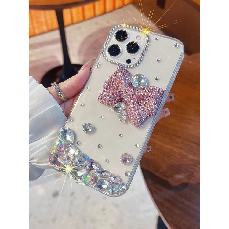 Ốp Điện Thoại Màu Đỏ Đính Đá Hình Nơ Cho iPhone 14  Pro max 13 12 11 XR XS Max 7 8 Plus