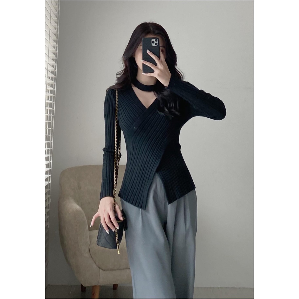 Áo len vạt chéo cổ chocker 4 màu