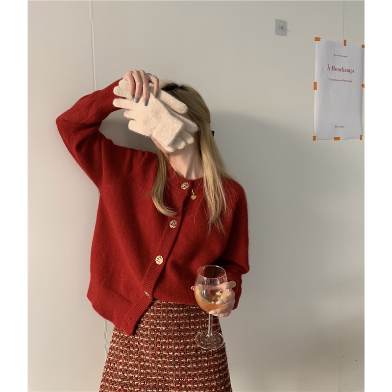 Áo cardigan trơn cổ tròn màu đỏ Noel hàng Quảng Châu