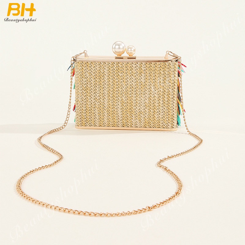 Túi Đeo Chéo Tua Rua Bằng Cỏ Pp Đính Ngọc Trai Nhiều Màu Thiết Kế Đặc Biệt Kiểu Mới Dành Cho Tiệc Tối