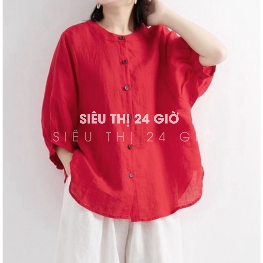 Áo sơ mi nữ cổ tàu tay lỡ form rộng bigsize Siêu thị 24 giờ chất liệu đũi tơ mềm nhẹ thoáng mát SMH.34