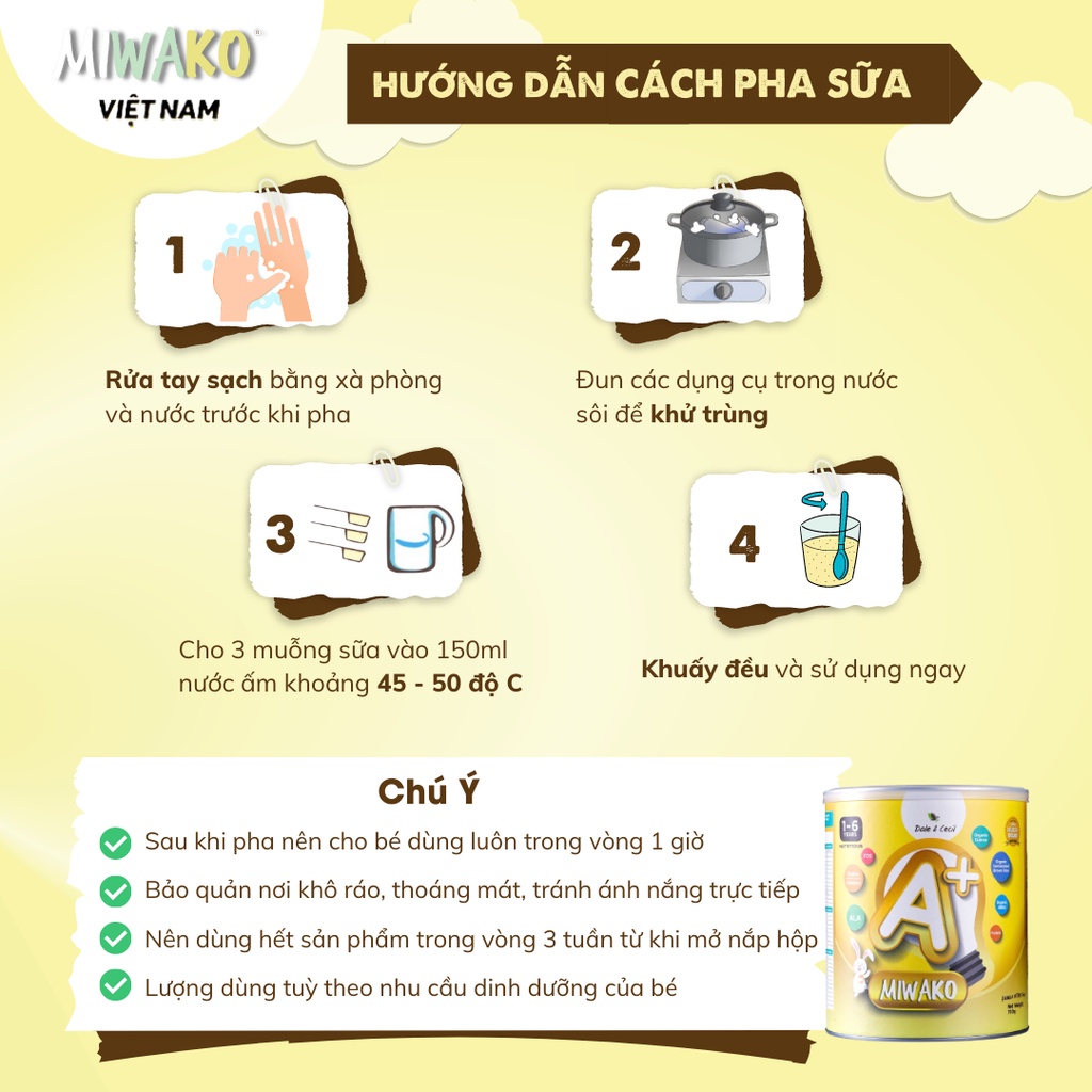 Sữa Công Thức Hạt Thực Vật Hữu Cơ Miwako A+ Vị Vani 700gr x 8 Hộp Cho Bé Từ 1 Tuổi (5.6kg) - Miwako Việt Nam