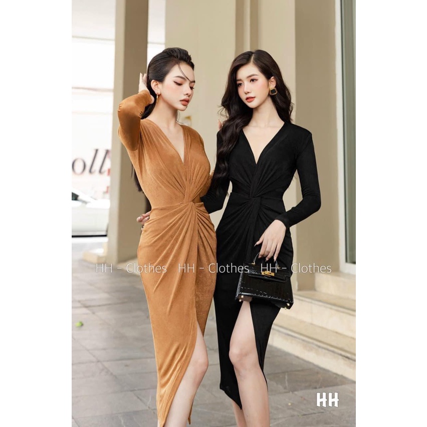 Đầm body xoắn nhũ tay dài 3 mầu chất thun ánh tuyết cực mịn tay
