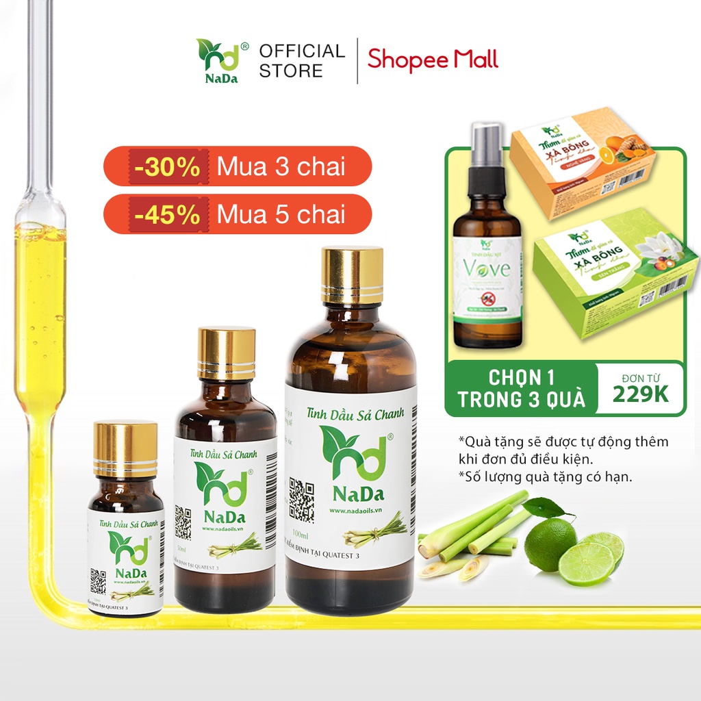 Tinh dầu Sả chanh NADA nguyên chất cao cấp, kiểm định Quatest 3, khử mùi, giảm stress, xông thơm phòng 10ml,50ml,100ml