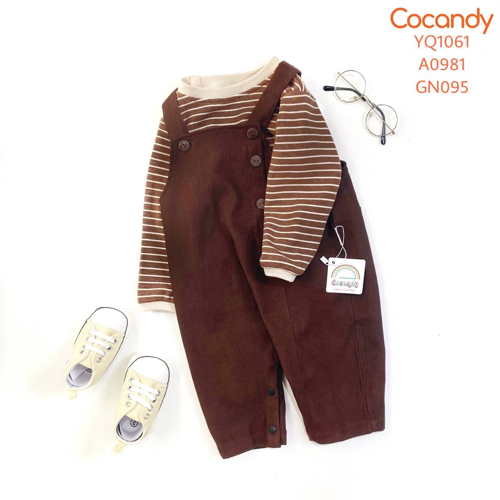 Set đồ cho bé -Áo thun dài kẻ nâu và yếm quần nhung nâu cúc lệch mới nhất cho bé của COCANDY mã AT109277,A0981, YQ106178