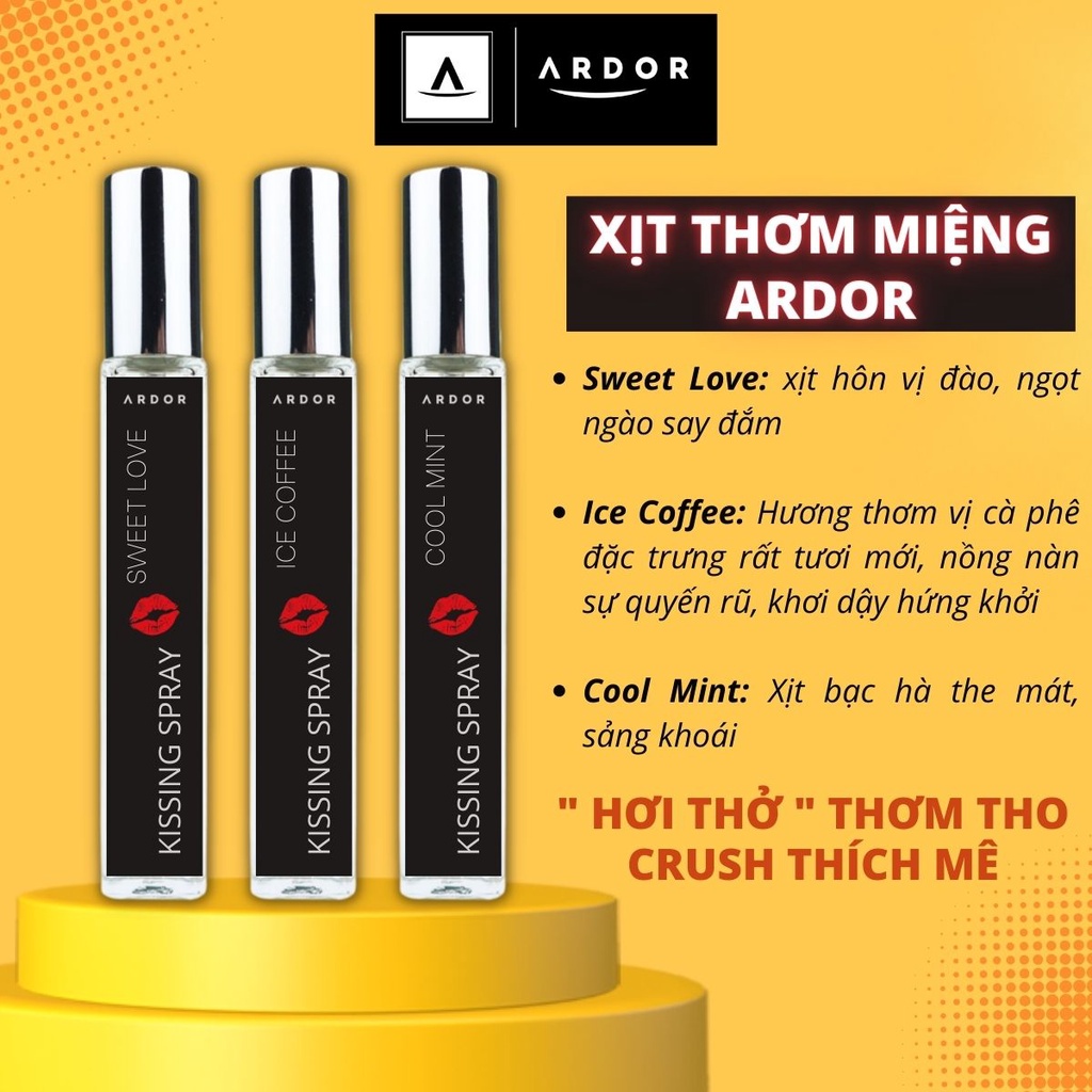 Xịt thơm miệng Kissing Spray ARDOR xịt hôi miệng 3 hương Sweet Love vị Đào, Cool Mint bạc hà, Icecoffee vị cà phê 10ml