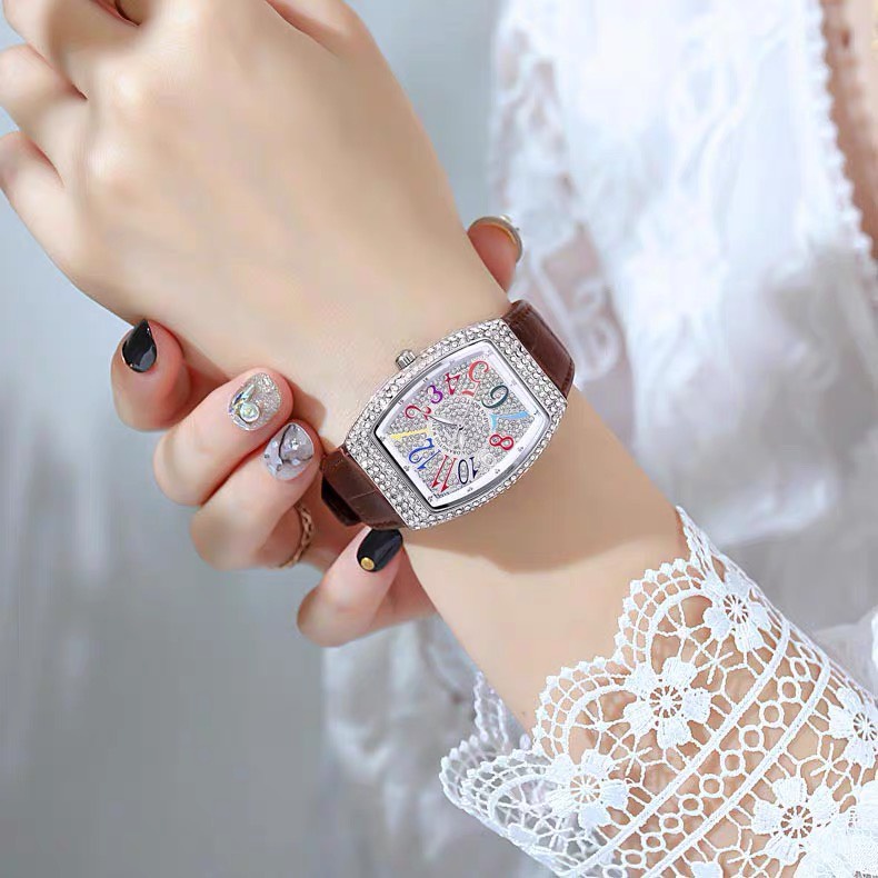 Đồng hồ Frank Muller, đồng hồ nữ, mặt vuông đính đá, số chỉ giờ 7 màu trẻ trung sang trọng dây da bền đẹp