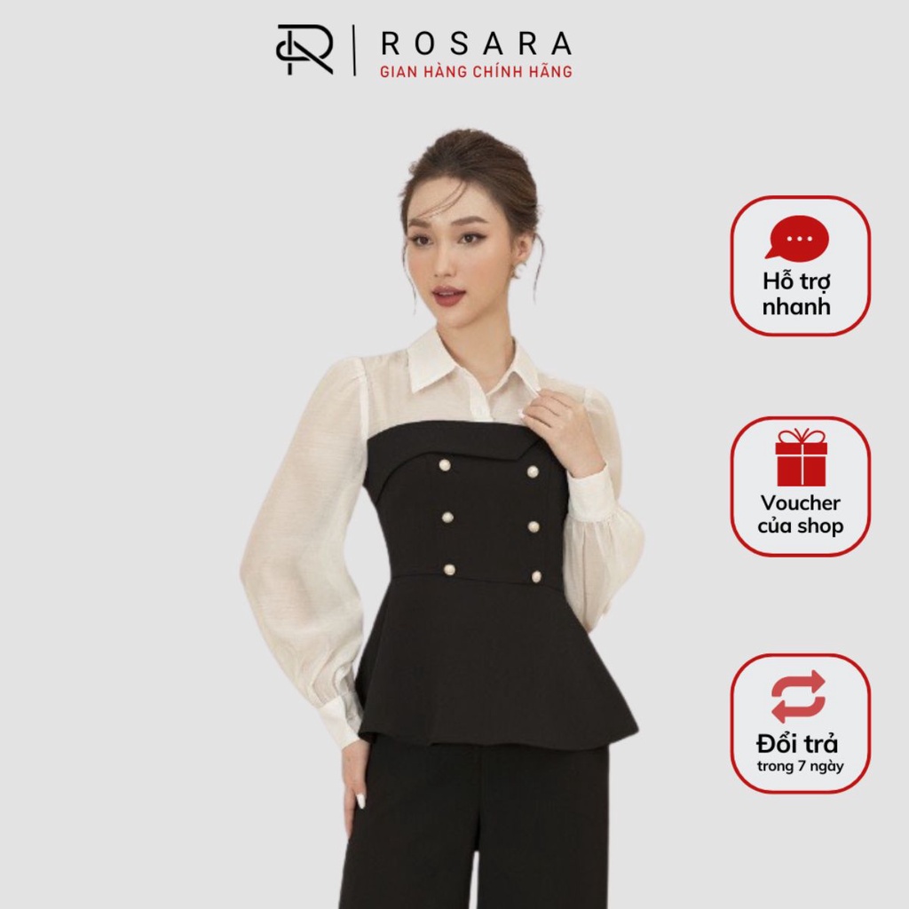 Áo Sơ Mi Peplum Công Sở Đen Tay Phối Tơ Cúc Đạt Thời Trang Nữ Tiểu Thư Rosara G12