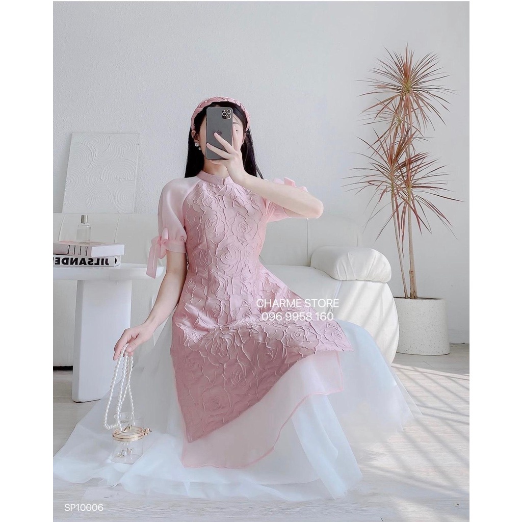 Áo Dài Gấm Tết, Set Áo Dài Hồng Hoa Voan 4 Tà Phối Chân Váy Voan Dễ Thương