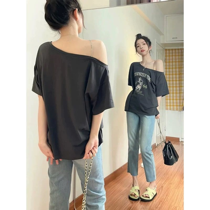 Áo Thun Ngắn Tay Dáng Rộng Trễ Vai Thời Trang Mùa Hè Hàn Quốc Dành Cho Nữ