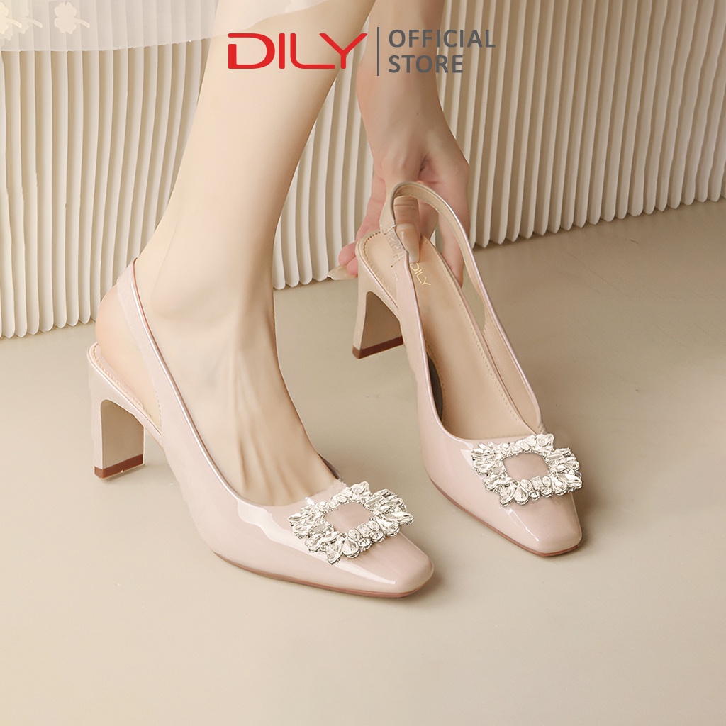 Giày cao gót bít mũi nữ DILY dáng Slingback quai gắn khóa kim loại thời trang mũi vuông 7cm_AA0369