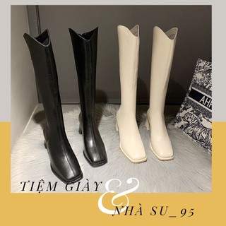 Bốt đùi nữ cổ v,boot cao cổ khóa sau da lì gót vuông, cao 7 phân