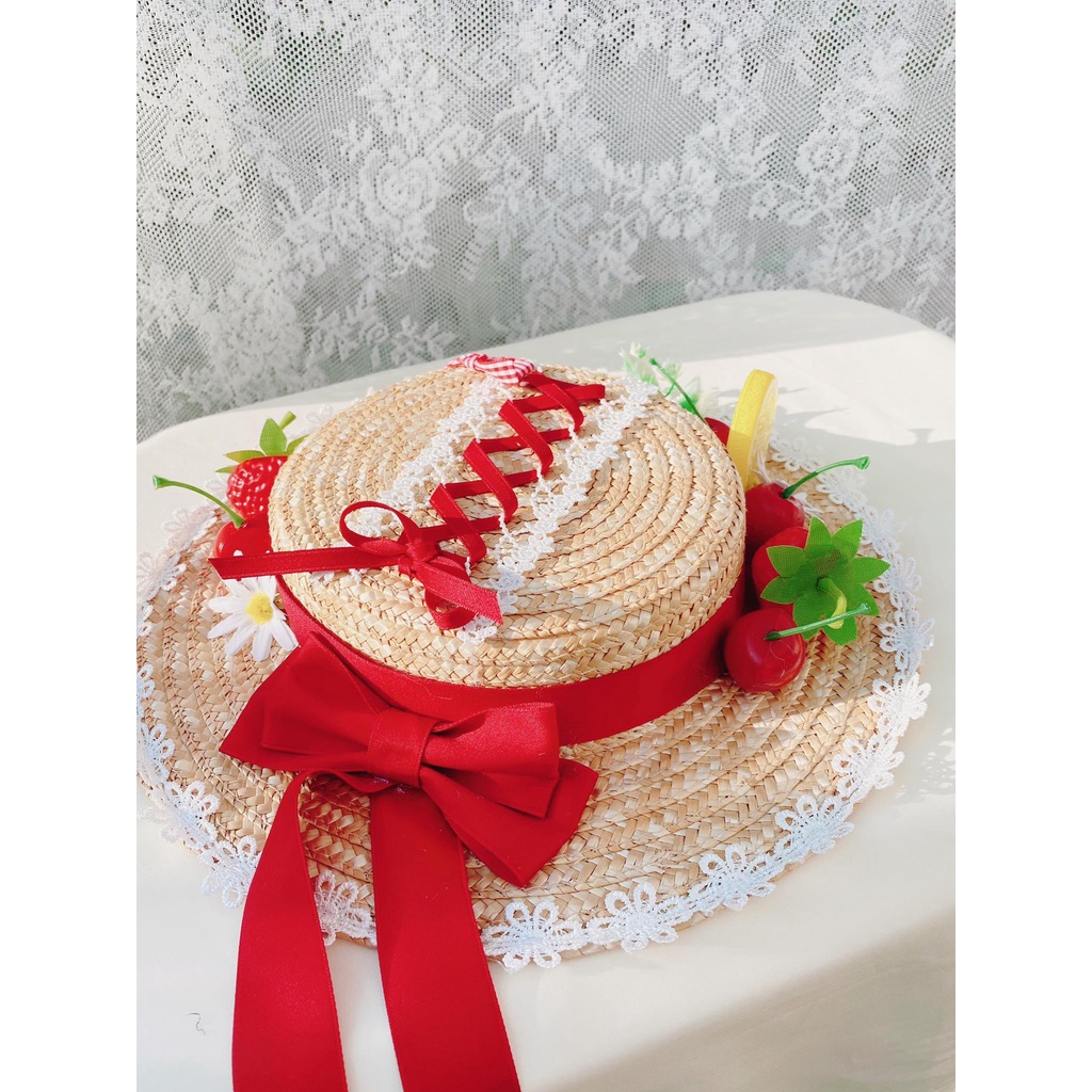 ⚡PHỤ KIỆN LOLITA ⚡ Mũ cói rộng vành và giỏ mây nhựa đính nơ/hoa/dâu tây ... phối ren phong cách Lolita nhật bản cho nữ