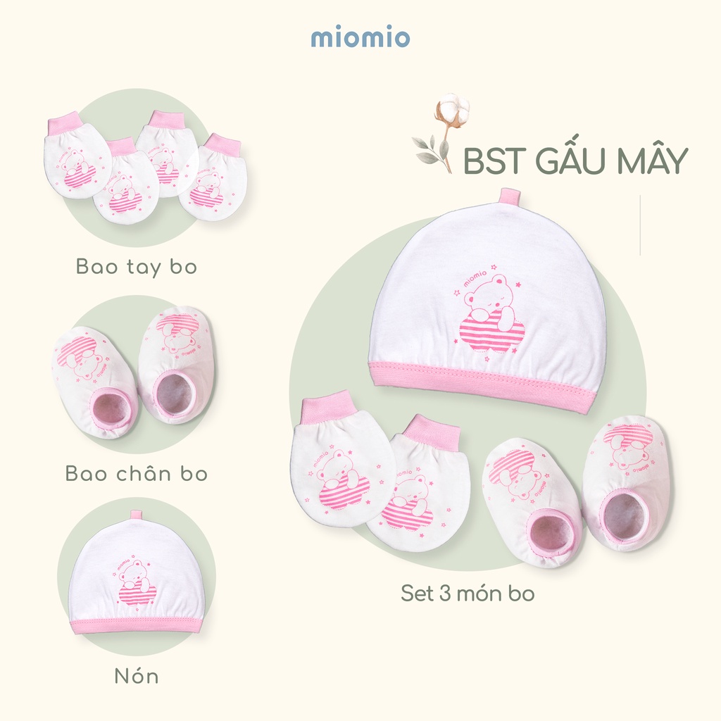 Bao Tay, Chân Bo, Nón, Set 3 Món Bo Sơ Sinh MIOMIO, Họa tiết: Gấu Mây, Teddy, Ngôi Sao, Gà, Hươu, Nai cho Bé, Vải Cotton